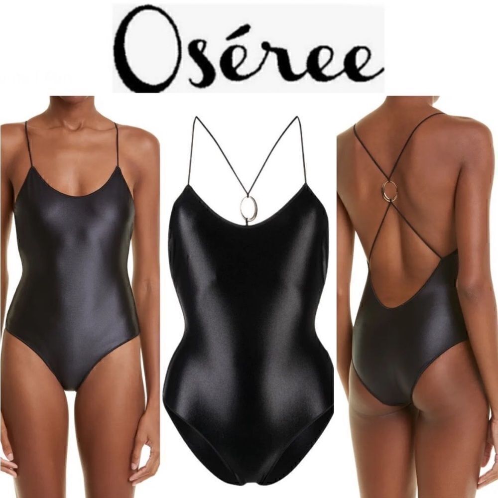Oséree Open-Back Halterneck Glow One-Piece Swimsuit in Black $250